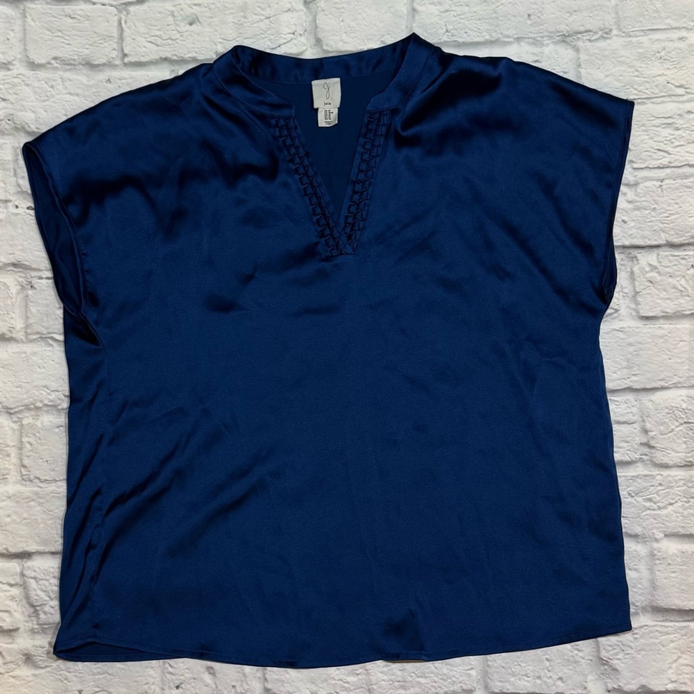 Joie Navy Satin V-Neck Blouse with Braided Trim